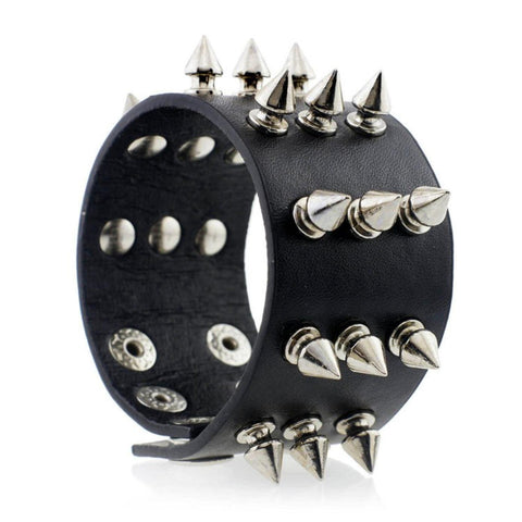 Gothic Three Row Spikes Rivet Leather Unisex Bracelet / AZBRLBA05-SBL
