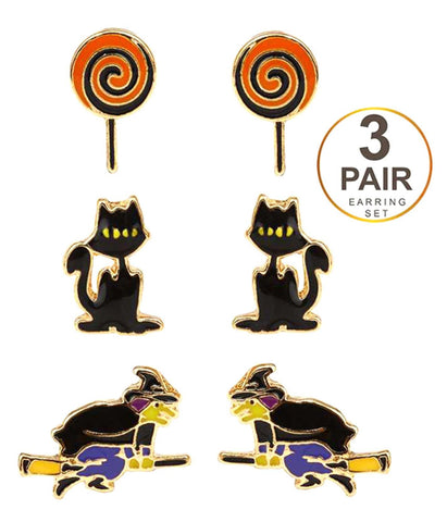 Halloween Theme 3 Pairs Earring Set - Cat and Witch For Women / AZERFH213-GMU-HAL