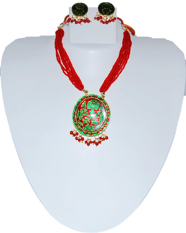 Authentic Designer Indian Thewa Rajasthani Style Jewelry Set for Women / AZINTH013-RED