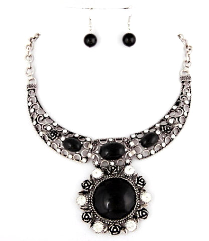 Arras Creations Fashion Rhinestone with Aged-Silver Color Necklace Set for Women / AZFJNS056-BLK