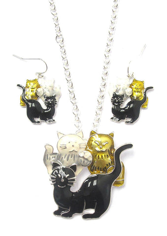 Arras Creations Fashion Trendy Halloween Triple Cat Pendant Necklace Earring Set for Women / AZFJNS130-MUL-HAL