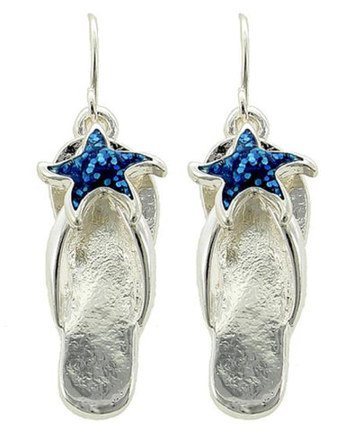 Sea Life Blue Glitter Epoxy Star Fish Metal Flip Flop Dangle Earrings For Women Girls / AZERFF009-SBL