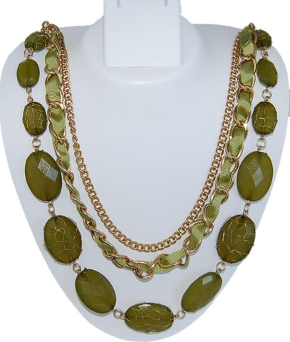 Olive flat beads in Gold finish chain & ribbon Fusion Necklace