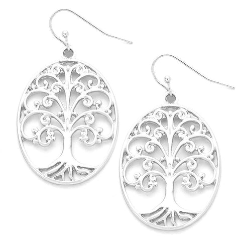 TREE OF LIFE CUT OUT OVAL DROP EARRINGS / AZERFH462-SIL