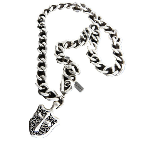 Mens stainless steel metal chain necklace - cross shield pendant / AZMJCH003-BSL
