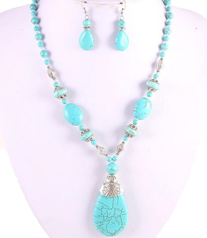 Gemstone Turquoise Stone Necklaces & Hook Earrings Set / AZFJGE010-TUR