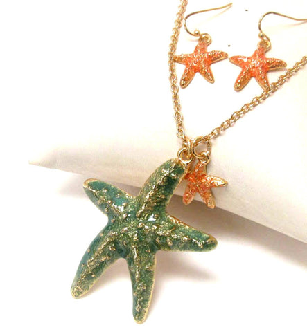 Sea Life Theme Painted Starfish Pendant Necklace Earring Set / AZNSSEA003-GGP