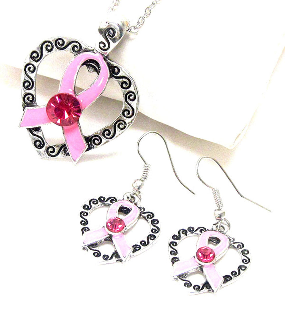 Pink Ribbon Heart Necklace Set Breast Cancer Awareness For Women A