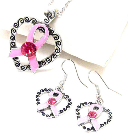 Pink Ribbon Heart Necklace Set - Breast Cancer Awareness For Women / AZNSBCA001-APK