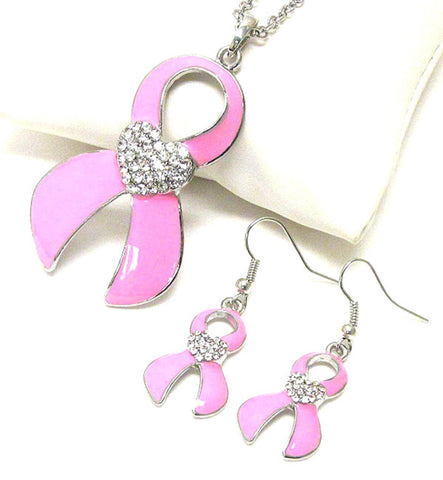 Crystal Pink Ribbon Necklace Set - Breast Cancer Awareness For Women / AZNSBCA002-SPK
