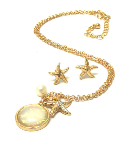 Sea Life Theme Crystal Starfish Necklace Earring Set / AZNSSEA004-GWH