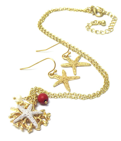 Sea Life Theme Textured Starfish Pendant Necklace Earring Set / AZNSSEA002-GRS