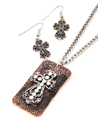 Arras Creations Fashion Trendy Burnished Cross Necklace Earring Set for Women / AZFJNS079-SBR