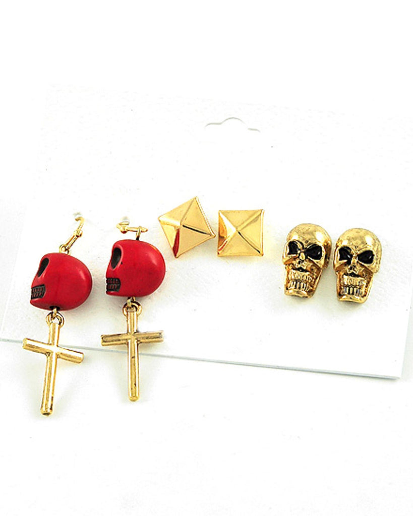 Antique Gold Tone / Red Stone / Skull / Halloween / Fish Hook & Post E