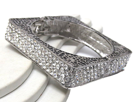 Crystal and Metal Rope Design Hinge Bangle - Silver Tone / AZBRFL008-SCL