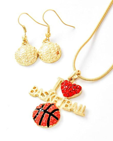 I Love Basketball Necklace & Fish Hook Earring Set / AZSJNS001-GRD