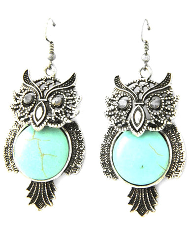 Trendy Fashion Owl Dangle Antique Silver Turquoise Stone Earring / AZERFH524-ASL-HAL
