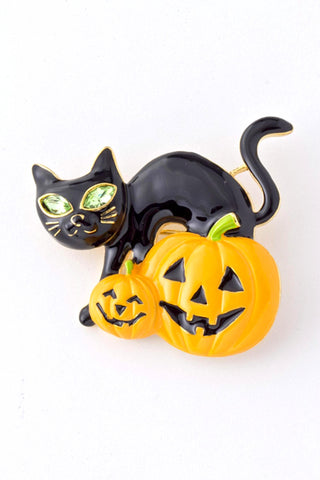 Arras Creations Black Cat Halloween Brooch - Gold Tone