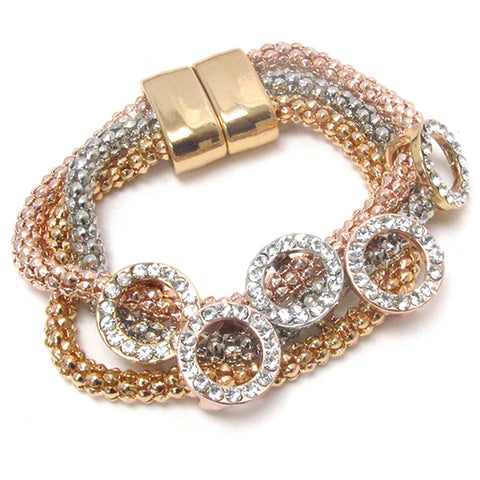 Fashion Trendy Crystal Deco Multi Ring Triple Chain Magnetic Bracelet For Women / AZBRST050-RML
