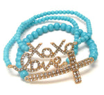Crystal Deco Xoxo Love,cross Message Stretch Bracelet - Set of 3 - Gold Aqua / AZBRST018-GAQ
