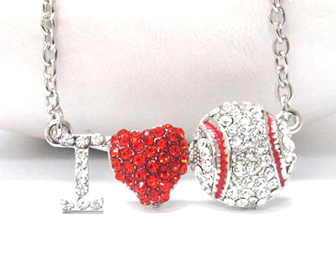 I love baseball pedant necklace - Silver/Red