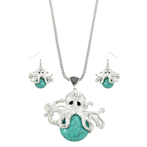 Sea Life Octopus Turquoise Stone Necklace & Earring Set / AZNSSEA311-STU