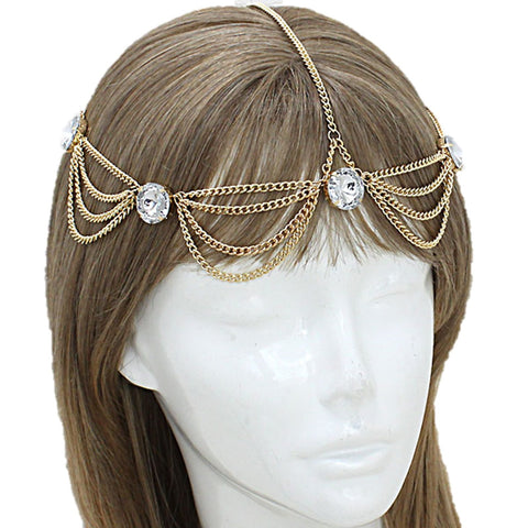 Trendy Fashion Bohemian Draped Round Crystal Head Chain for Women / AZFJHP0105-GCL Gold/Clear