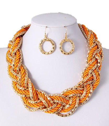 Arras Creations Fashion Trendy Fusion Necklace & Earrings Set - Orange Rope & Gold Chain for Women / AZFJNS005-GOR