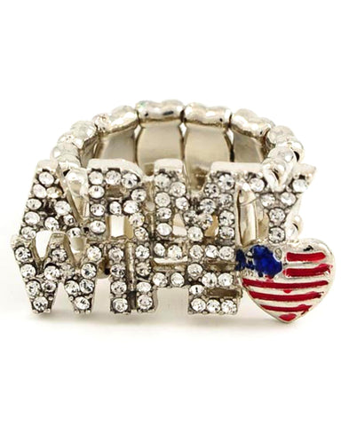 Fashion Trendy Army Wife Motif Patriotic USA Stretch Ring For Women / AZRIFR067-SIL