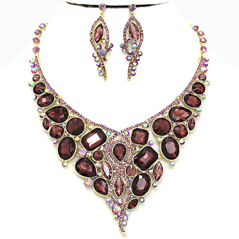 Arras Creations Trendy Fashion Crystal Rhinestone Geometric Bib Necklace Set For Women / AZBLRH068-GPU