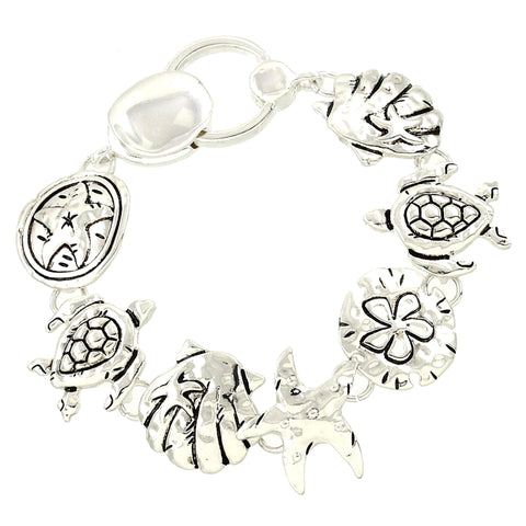 Sea Life / Starfish Sea Shell Sea Turtle Antique Silver Magnetic Bracelet / AZBRSEA469-ASL