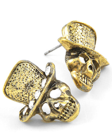 Burnished Gold Tone Halloween Skull Post Earring Set / AZERFH106-BGL-HAL