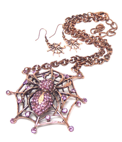 Arras Creations Crystal Stud Spider Web Pendant Long Necklace Earring Set Women / AZFJNS129-CPI-HAL