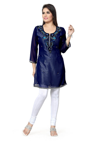 Stylista Navy Blue Georgette Short Tunic With Embroidery AD27