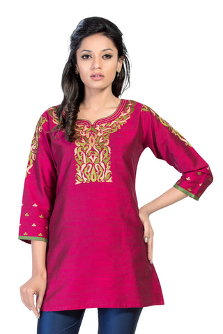 Majestic Magenta Raw Silk  Short Tunic Top With Designer Embroidery BD326