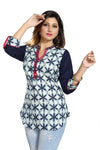 Casual Craze Blue And White Cotton Printed Short Tunic Top For Women MM143