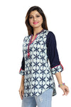Casual Craze Blue And White Cotton Printed Short Tunic Top For Women MM143-1