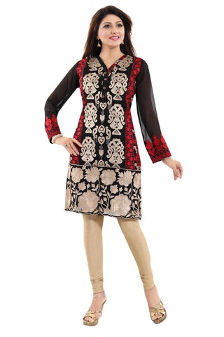 Black Fine Georgette Short Tunic Top With Red And Beige Machine Embroidery AN01