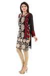 Black Fine Georgette Short Tunic Top With Red And Beige Machine Embroidery AN01-1