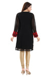Black Fine Georgette Short Tunic Top With Red And Beige Machine Embroidery AN01-3