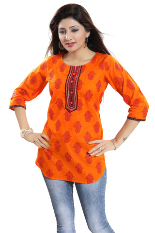 Awesome Orange Cotton Printed Short Kurti With Apple Bottom Silhouette For Women MM205
