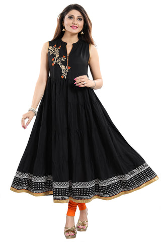 Black Rayon Printed Anarkali Style Sleeveless Tunic With Floral Patchwork MM224