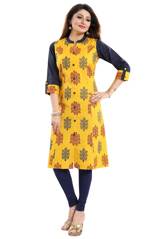 Luscious Lemon Yellow Shirt Style Cotton Printed Tunic From Snehal Creations MM228