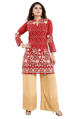 Resplendent Red Fine Georgette Short Tunic Top With Beige Embroidery AN05