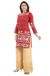 Resplendent Red Fine Georgette Short Tunic Top With Beige Embroidery AN05-1
