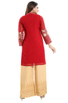 Resplendent Red Fine Georgette Short Tunic Top With Beige Embroidery AN05-3