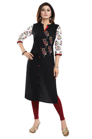 Bold In Black Rayon Cotton Long Straight Fit Tunic With Embroidery MM245