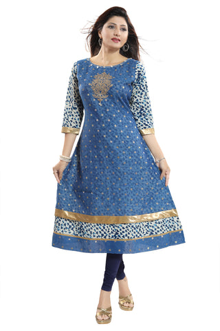 Glorious T.Blue Round Neck Flared Long Kurti With Three Fourth Sleeves MM244